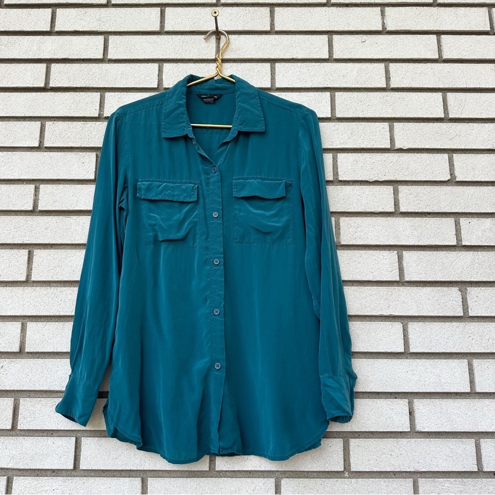 Vintage Moda International 100% Silk Teal Button Down Shirt Blouse Long Sleeve S - Picture 2 of 9
